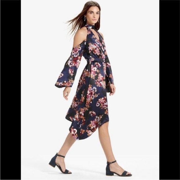 Lucky Brand Blue Floral Cold Shoulder Asymmetrical Dress - Picture 2 of 13